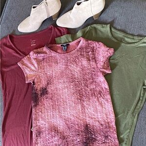 Bundle Deal!! T-Shirt Trio in Pink, Red, and Green and bonus beige heel booties
